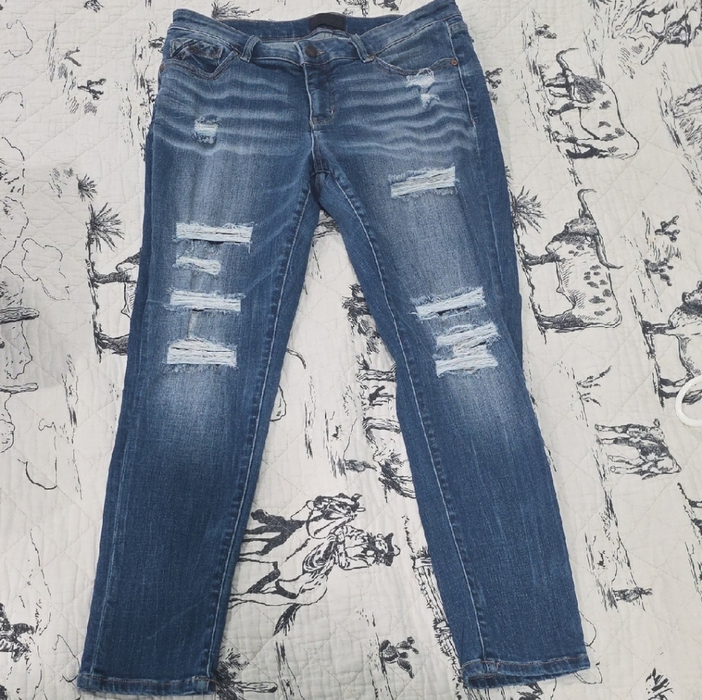 Buckle Distressed Skinny Jeans in Blue
